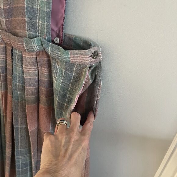 Vintage Plaid Pinafore Pleated Wool Dress L Handmade Removable Bib Cottagecore - Picture 10 of 10